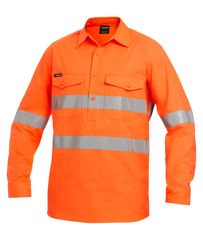 KingGee Mens Workcool2 Hi Vis Reflective Closed Front Shirt Long Sleeve