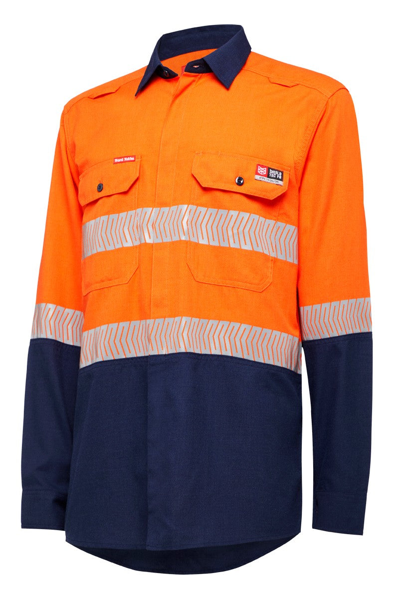 KingGee Shieldtec Lenzing FR Hi-Visibility Two Tone Long Sleeve Open Front Shirt With Tape